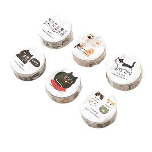 Set of 6 cute cat themed washi tapes with colorful kitten illustrations for scrapbooking