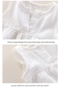 Detail view of white double-layer cotton gauze baby top with snap buttons and soft texture