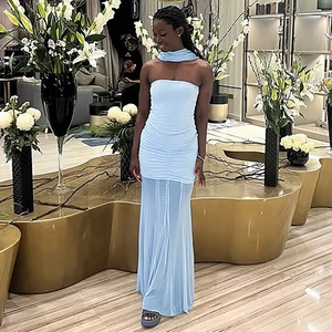 Detail of light blue off-shoulder ruched mesh dress with a matching neck accessory
