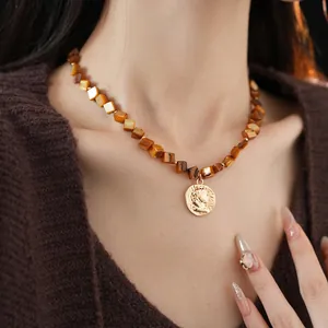 Retro Coin Pendant Necklace Alloy With Square Artificial Shell Beads Vintage Portrait Geometric Style For Women