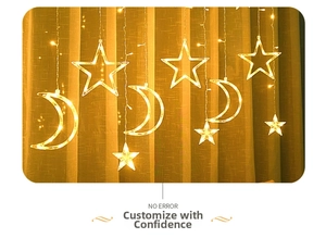Detail of warm yellow star and moon LED curtain lights hanging on beige indoor curtains