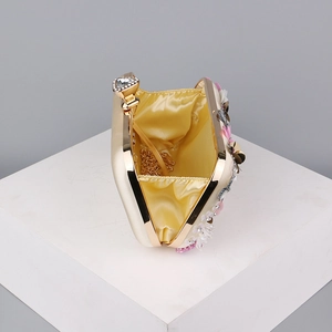 Elegant floral beaded evening clutch bag with pink sequins and gold chain for parties