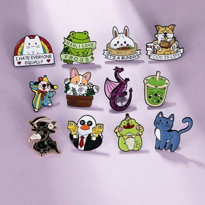 Detailed grid of 12 creative cartoon enamel pins featuring cute animals and funny quotes