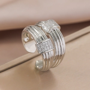 Silver twist layered open ring with rectangle cubic zirconia pavé in luxury design