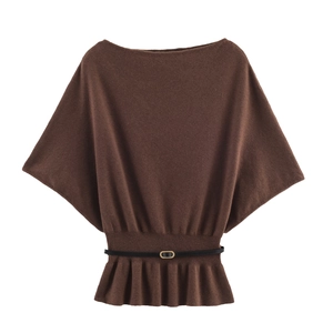 Elegant Boat Neck Batwing Sleeve Knit Top With Belt Peplum Hem Solid Color Casual Sweater For Women