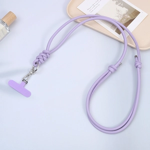 Detail of lavender woven leather crossbody phone strap with silver metal swivel lobster clasp