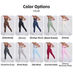 Détail d'ensembles de sport avec brassières à dos croisé et leggings taille haute en 10 couleurs