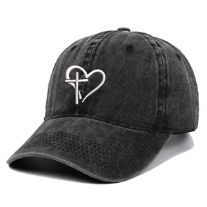 Faded charcoal grey baseball cap with embroidered heart and cross design on front