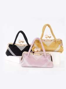 Aluminum Bead Rhinestone Evening Clutch Bag Vintage Metal Frame Handbag With Detachable Chain For Wedding Party