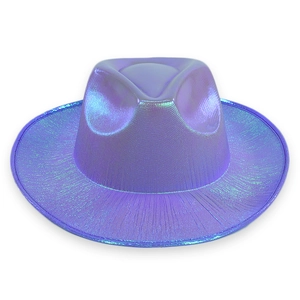 Iridescent purple cowboy hat with metallic holographic finish for rave and festival parties