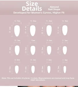 Size chart for almond press-on nails featuring 12 widths and heights for a perfect fit