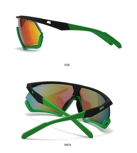 Side and back view of retro oversized one-piece polarized sunglasses in green frames