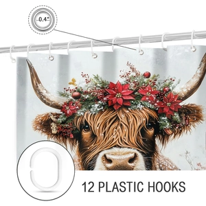 Detail of 0.4 inch metal grommets and 12 white plastic hooks for highland cow bath curtain