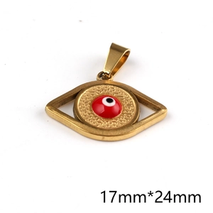 Detail of red Evil Eye pendant in gold finish with 17mm x 24mm size dimensions