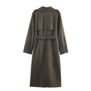 Trench-coat long en faux daim vert olive foncé avec ceinture et rabat au dos