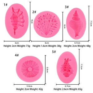 Size guide for ocean theme silicone molds featuring pearls, conchs and seashells for baking