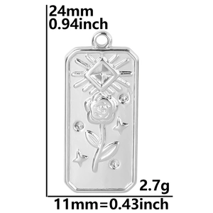 Detail view of rectangular rose pendant showing 24mm length and 11mm width dimensions