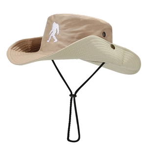 Khaki outdoor wide-brim sun hat with Bigfoot embroidery and adjustable chin strap