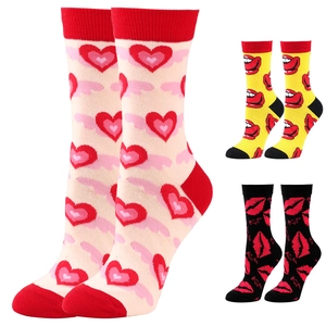 Detail showing assorted cotton socks with heart and lip patterns in various colors