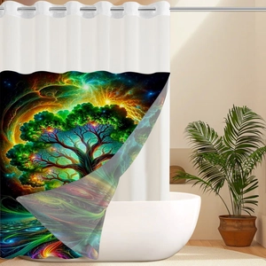 Close-up of waterproof polyester shower curtain with vibrant tree of life print