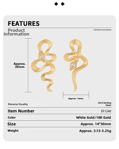 Macro view showing dimensions and specifications of the S925 silver snake zircon stud earrings