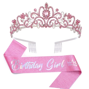 Pink glitter 'Birthday Girl' sash and crystal rhinestone crown set for party decor