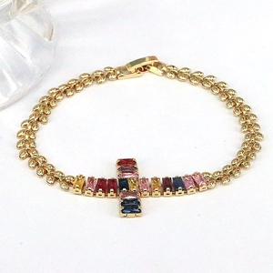 Chic gold chain bracelet with a colorful rainbow zircon cross pendant for women