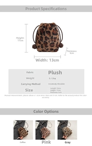 Detailed size chart and specifications for the leopard print plush bucket bag