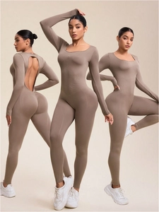 Damen Nahtlos Langarm Yoga Overall Rückenfrei Ausschnitt Fitness Bodysuit Figurbetont Rippstrick Schnelltrocknend Nylon Spandex