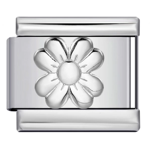 Polished silver stainless steel Italian charm bracelet link with 3D floral pattern