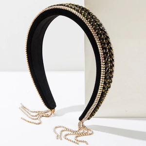 Luxurious velvet headband with black crystals and gold rhinestone fringe tassels