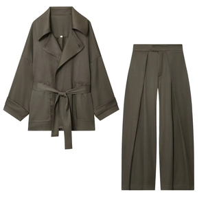 Gürteljacke Mit Revers Und Faltenhose Mit Weitem Bein Polyester Köper Einfarbig Lässig Lose Herbst Streetwear Damen Mode
