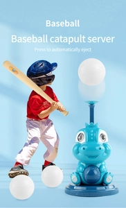 Detailed view of dinosaur baseball launcher set with bat and three hollow practice balls