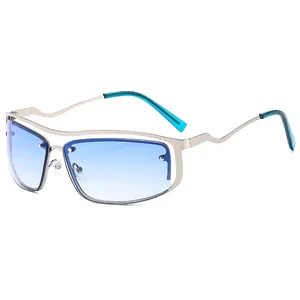 Y2K vintage silver metal sunglasses with blue gradient lenses and wavy temples