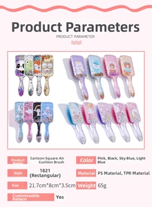 Detailed specs of cartoon hairbrush with dimensions 21.7x8x3.5cm and PS TPR materials