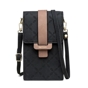 Detail of black mini crossbody phone bag with cross-pattern embossing and gold buckle