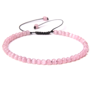 Adjustable 4mm pink cat eye stone bead bracelet with black woven cord for women