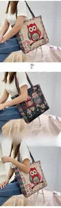 Detail of owl embroidery and woven colorful straps on ethnic canvas tote bags