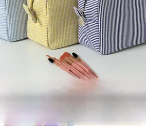 Detail of striped seersucker makeup bag with zipper and pink handle cosmetic brushes