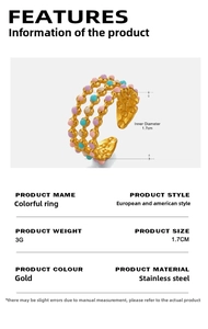Detailed specs of gold stainless steel three-layer ring with colorful enamel beads