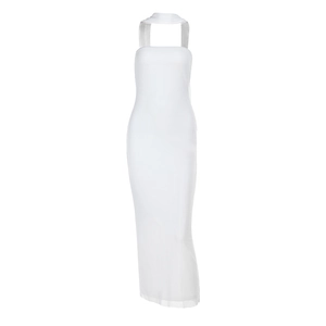 Detail of elegant white mesh ribbon evening dress with slimming bodycon silhouette