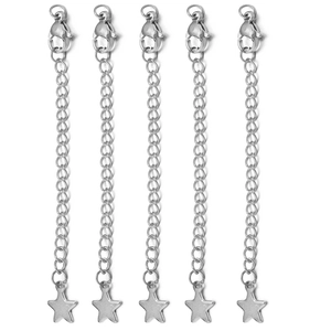 Five stainless steel extender chains with lobster clasps and star charms on white background