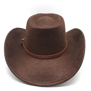 Detail of dark brown faux suede cowboy hat with brown leather belt buckle strap