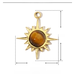 Detailed parameter view of a 15mm sunburst stainless steel pendant with tiger eye stone