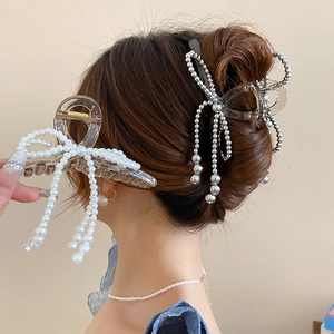 Acrylic Bowknot Hair Claw Clip With Faux Artificial Pearl Elegant French Vintage Large Geometric Hairgrip For Women Accessories