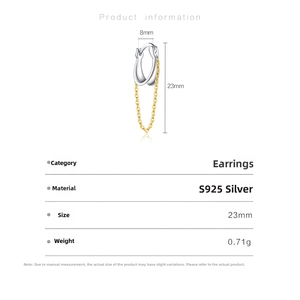 Macro detail of S925 silver tassel earring showing 23mm height and 8mm width dimensions