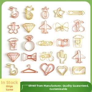 Detailed grid of creative rose gold metal paper clips in cat, star and heart shapes