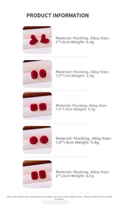 Detailed chart showing red flocked earrings in various shapes with alloy frames and weights