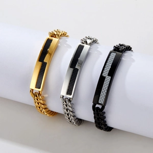 Modern 18K plated stainless steel Cuban bracelets with carbon fiber inlay metal plate