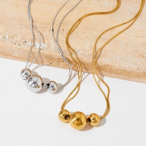 Minimalist stainless steel snake chain necklaces with three golden and silver metal beads